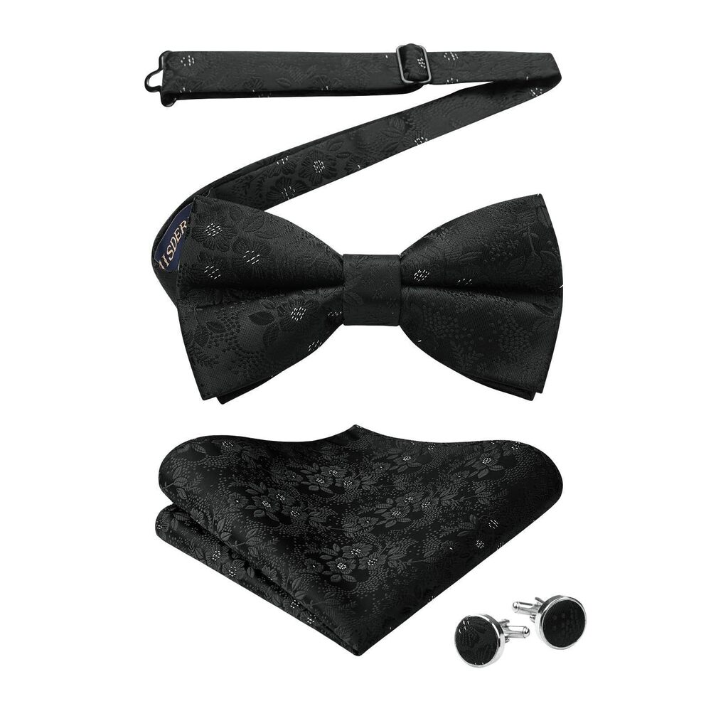 6887 Black Bow Ties Floral Pre-Tied Bow Tie Handkerchief Classic Formal